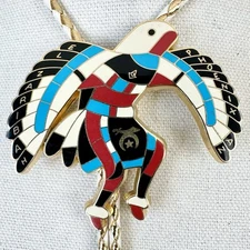 Vintage Gold Turquoise Coral Inlay Eagle Dancer Phoenix Arizona Western Bolo Tie