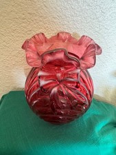 Fenton Art Glass Cranberry Opalescent 6.5  Vase Bow frosted Ruffled Edge Estate