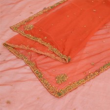 Sanskriti Vintage Dupatta Long Stole Net Mesh Red Veil Hand Beaded Zardozi