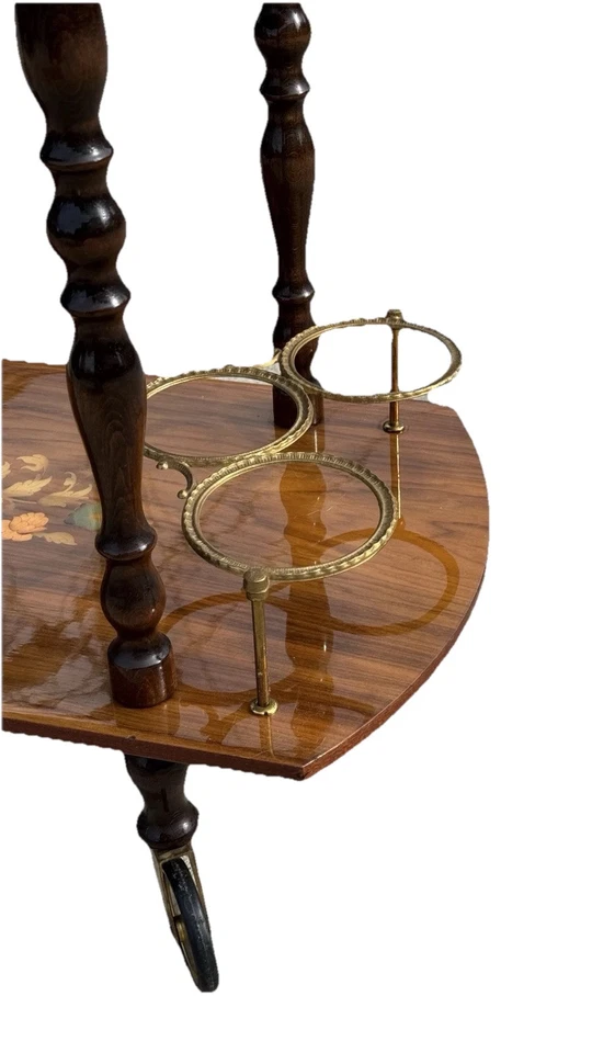 Carro de bar de marquetería y latón raro Italia vintage de mediados de siglo 50 carrito de bebidas Foto 2 de 4