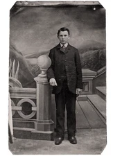 1870s Tween Boy Best Suit Painted Backdrop 1/6 plate tintype