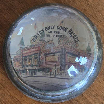Vintage Glass Magnifying Paperweight Corn Palace Mitchell, South Dakota 3''