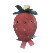 Plush Strawberry Baby Rattle Toy Textured Leaves Ribbon Tags 7" Hook Loop