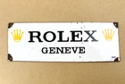 VINTAGE ROLEX GENEVE 11.5x4" GASOLINE PORCELAIN SERVICE PUMP STATION OIL SIGN