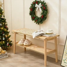 Solid Wood Narrow Bench with Storage, 33.46" Woven Bench for Entryway and Hal...