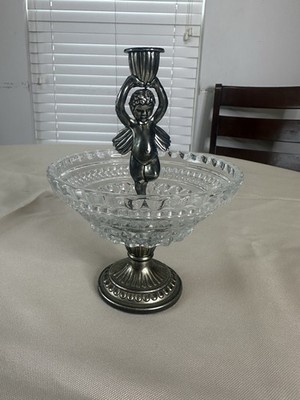 Vintage Cherub Angel Glass Candy Dish Pedestal Bowl Silver Tone Base
