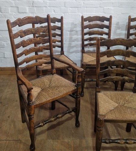 Antique vintage farmhouse set of 6 ladderback oak kitchen / dining chairs - Picture 3 of 24