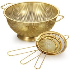 Norme 7 Qt Gold Stainless Steel Colander & 3 Fine Mesh Strainers Set