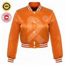 Women's Orange Satin Cropped Bomber Jacket White Stripes Varsity Jacket