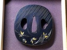 Superb Edo Tsuba by Hamano Naoyuki, Shakudo Pine Leaves, Gold Inlay, Cert, Japan