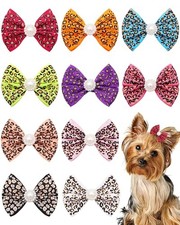 10 Pack 2" Small Dogs Hair Bows with French Clips Rhinestone Yorkie Leopard