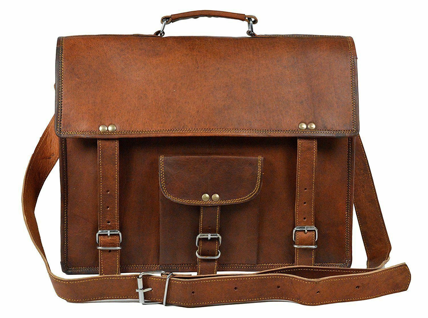 Briefcase Men's Genuine Vintage Leather Satchel Women Messenger Laptop Bag Brown
