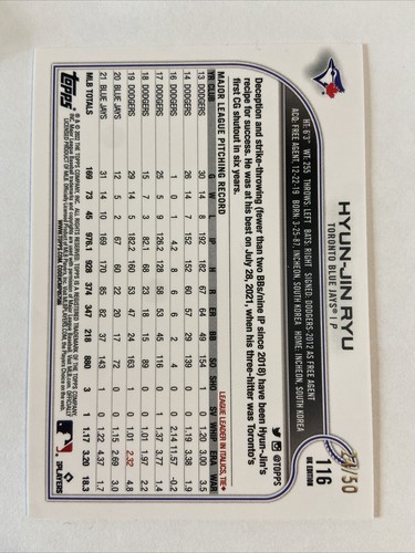 2022 Topps UK Edition Hyun-Jin Ryu Purple /50 #116 - Picture 2 of 2