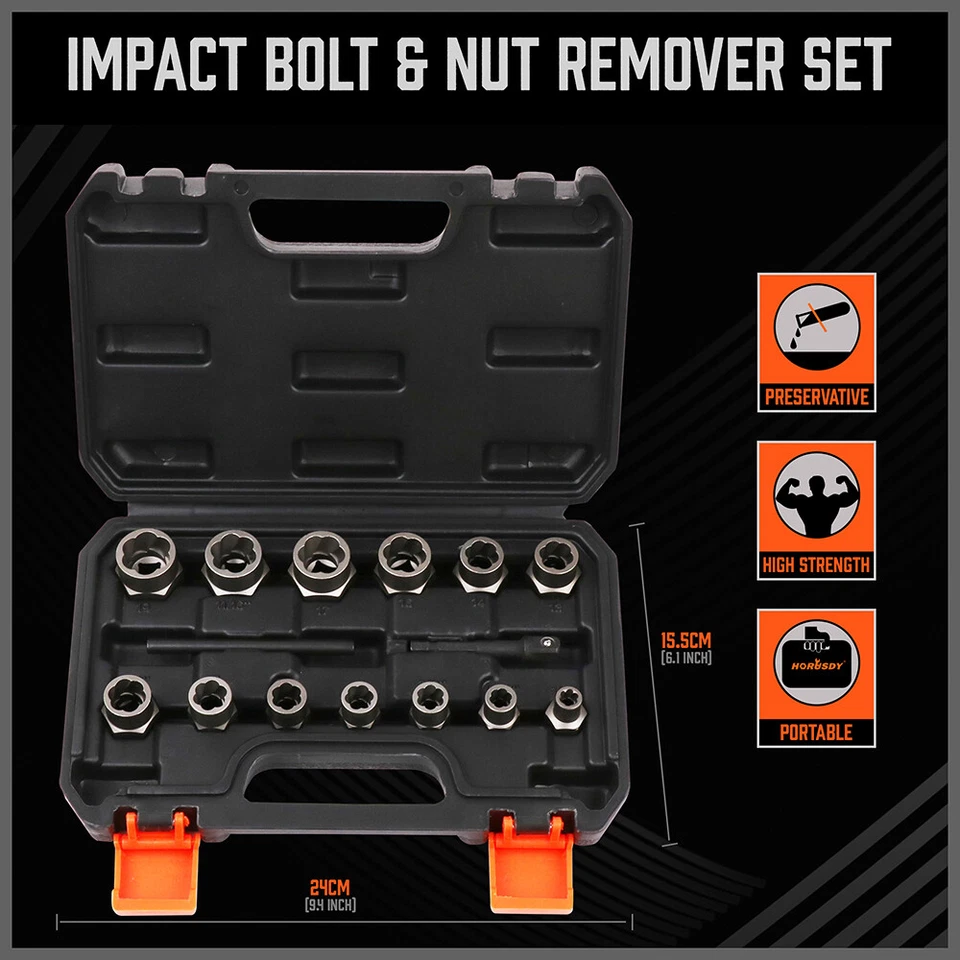 15PC Impact Bolt & Nut Remover Set Extractor Damaged Rusted Adapter Storage Case - Image 3 of 4