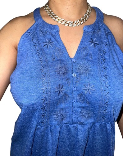 Cable & Gauge NEW Womens Sz L Embroidered Boho Button Blue Soft Shirt Tank Top - Picture 2 of 4
