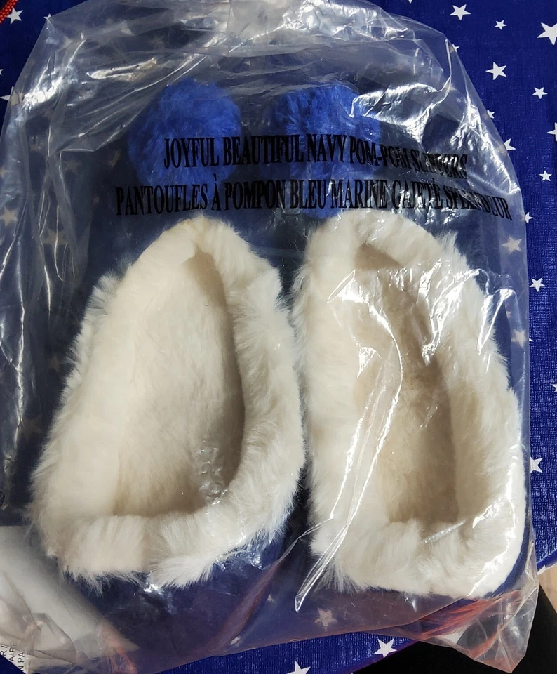 Avon Joyful Beautiful Navy Pom Pom Slippers Size 6. New - Image 2 of 4