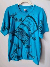 Vtg Fruit Of The Loom Single Stitched Budweiser Blue Black AOP T Shirt sz L Rare