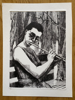 Querflötenspielerin. Radierung 1969. Sign. Dorian Wist. Blatt: 27x36 cm.