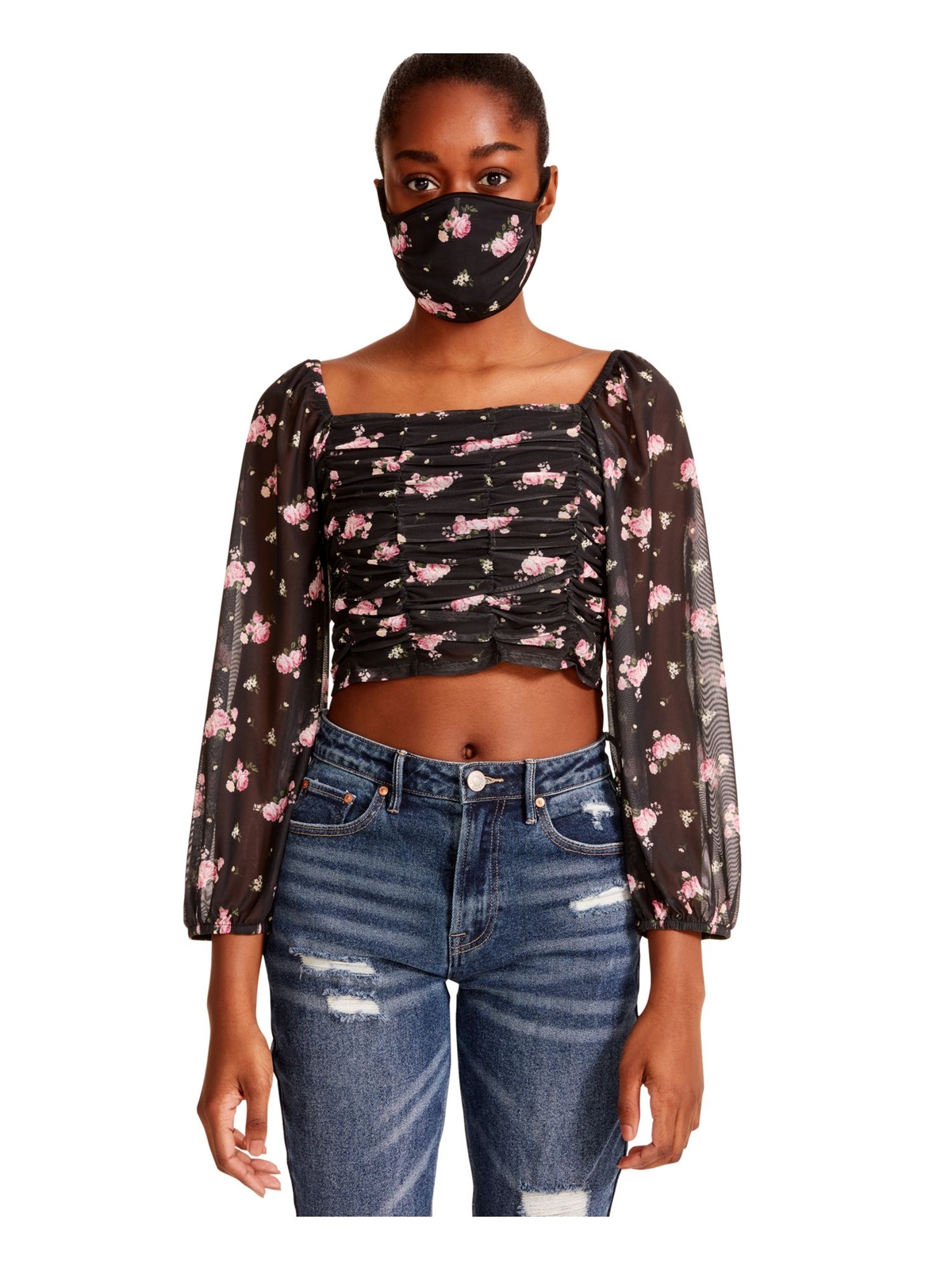 MADDEN GIRL Womens Black Elastic Cuffs Cropped 3/4 Sleeve Peasant Top S