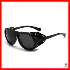 Men's Women Sunglasses Vintage Steampunk Side Shields Leather Round