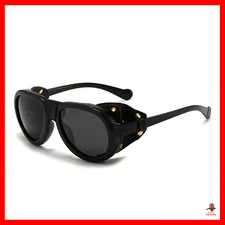 Men's Women Sunglasses Vintage Steampunk Side Shields Leather Round