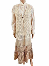 VTG 3pc Set Boho Long Prairie Skirt Frilly Floral Top Knit Fringed Vest Earthone