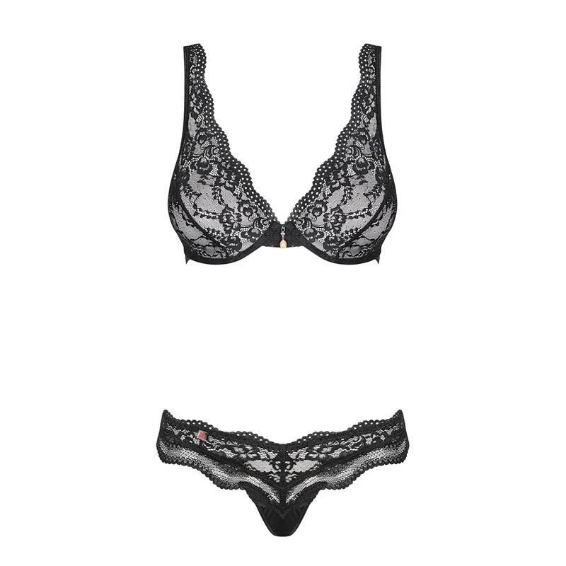 2-tlg Damen Dessous-Set Spitze Unterwäsche BH String Schwarz #UW330 - Bild 3 von 4