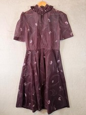 Vintage 70s Plum Organza Butterfly Print Party Dress Ruffle Collar Fit & Flare