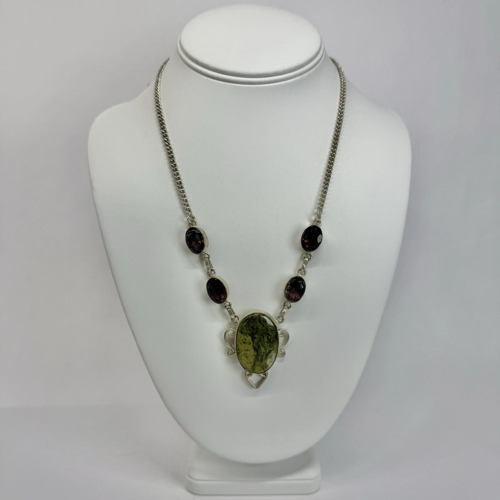 Elegant Jasper Amethyst Crystal Bezel 925 Silver Vintage Necklace Jewelry N572