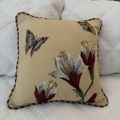 Vintage Waverly Throw Pillow Butterflies Yellow Zipper Maroon Burgundy Flora