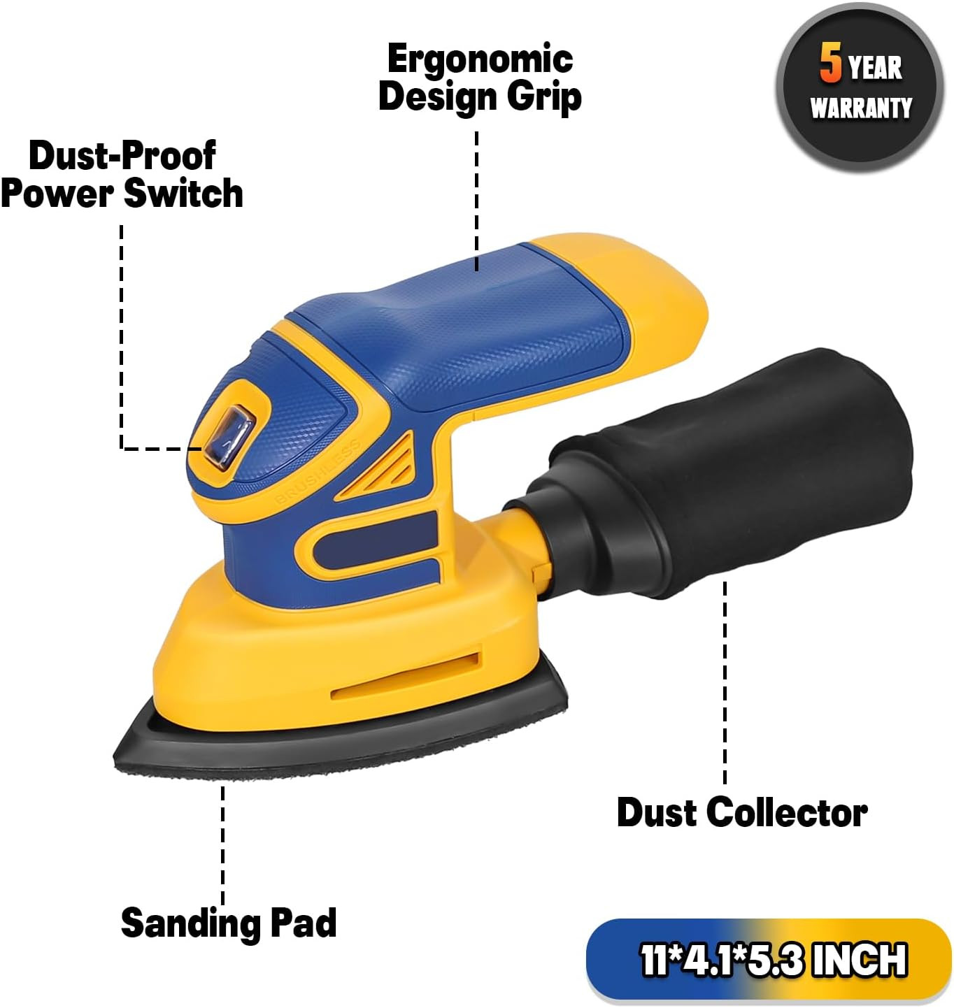 Cordless Detail Sander Compatible with Dewalt 20V Max Battery, 1.9Amp, Dust Coll
