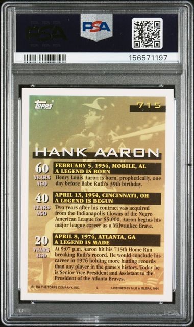 1994 Topps Hank Aaron #715 PSA 6 view 2