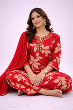 Women  s Red Churidar Suit with Dupatta 3-Piece Ethnic Outfit