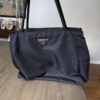 PRADA Black Tote Bag Logo Accents Double Handles Silver Hardware Women