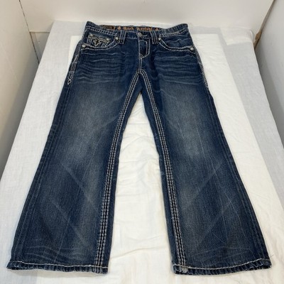 Rock Revival Remedy Relaxed Straight Jeans Mens 31x27 Heavy Stitch EP9694EJ5 EUC