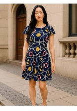 Ralph Lauren Women's Nautical Navy Blue Cotton Midi Dress - Knee Length - sz mp 