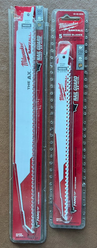 Milwaukee 9" Sawzall 5 TPI Wood Blades 5 Pack 48-00-5036 + 2 Extra Milwaukee 12"
