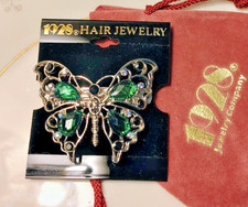 Vtg 1928 Hair Jewelry Barrette Silver Butterfly Green Lucite AB Blue Rhinestone