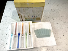 Set of Six Hand Blown Multi Coloured Glass Champagne Flutes & Stand - Boxed