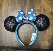 Disney Parks Minnie Mouse Mickey Ears Sequin Teal Blue Polka Dot Bow Headband