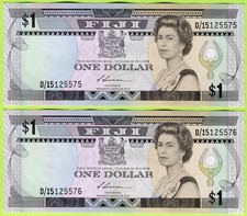 Fiji 1 Dollar ND(1987) P86 AU+ #125575-76 Pair x2