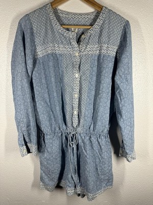 Gap Romper Womens Small Blue Chambray Floral Long Sleeve Drawstring Waist