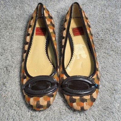 VTG Oscar de la Renta Ballet Flats Brown Orange Woven Checkered Women 6.5M