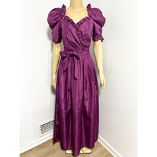 Vintage 80s Plum Purple Ruffle Puff Sleeve Maxi Dress Prom Gown Size 11/12 XS S