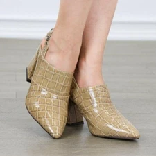 Tan Croc Embossed Block Heel Mules with Buckle Strap