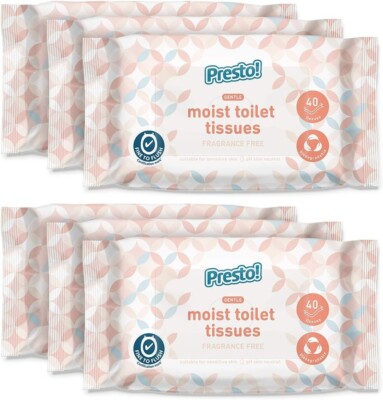 Presto! Sanfte feuchte Toilettenpapier, unparfümiert, fein zum Spülen, 240 Stück 6er Pack)