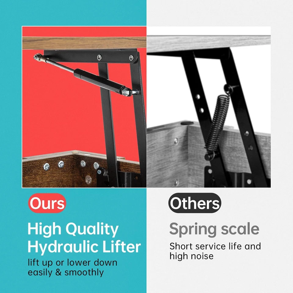 Lift Top咖啡桌带隐藏隔层和储物架木制升降机 — 第 4/4 张图片