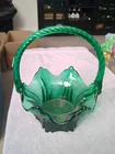 Vintage Fenton Art Glass Holiday Green Vulcan Basket Twisted Handle 8"H Gift