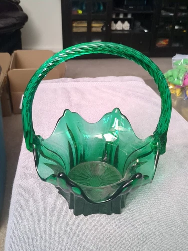 Vintage Fenton Art Glass Holiday Green Vulcan Basket Twisted Handle 8"H Gift