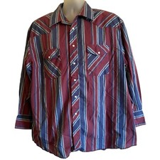 VTG Wrangler Pearl Snap Red Blue Stripe Cowboy Rodeo Western Shirt Mens 17.5x34